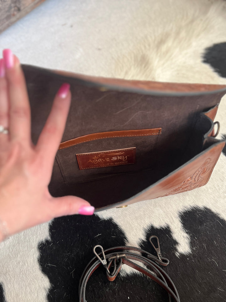 Agave Sky Light Brown Hand Tooled Lather Crossbody