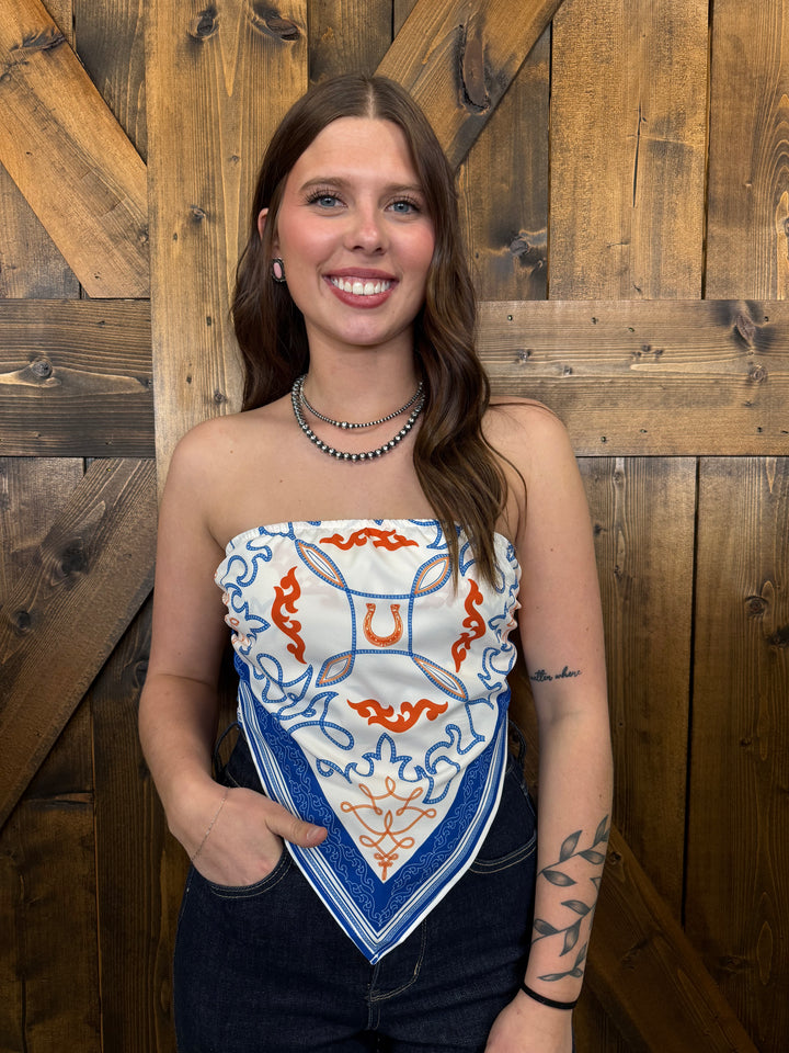 L&B Ivory& Blue Boot Stitch Bandana Corset Top