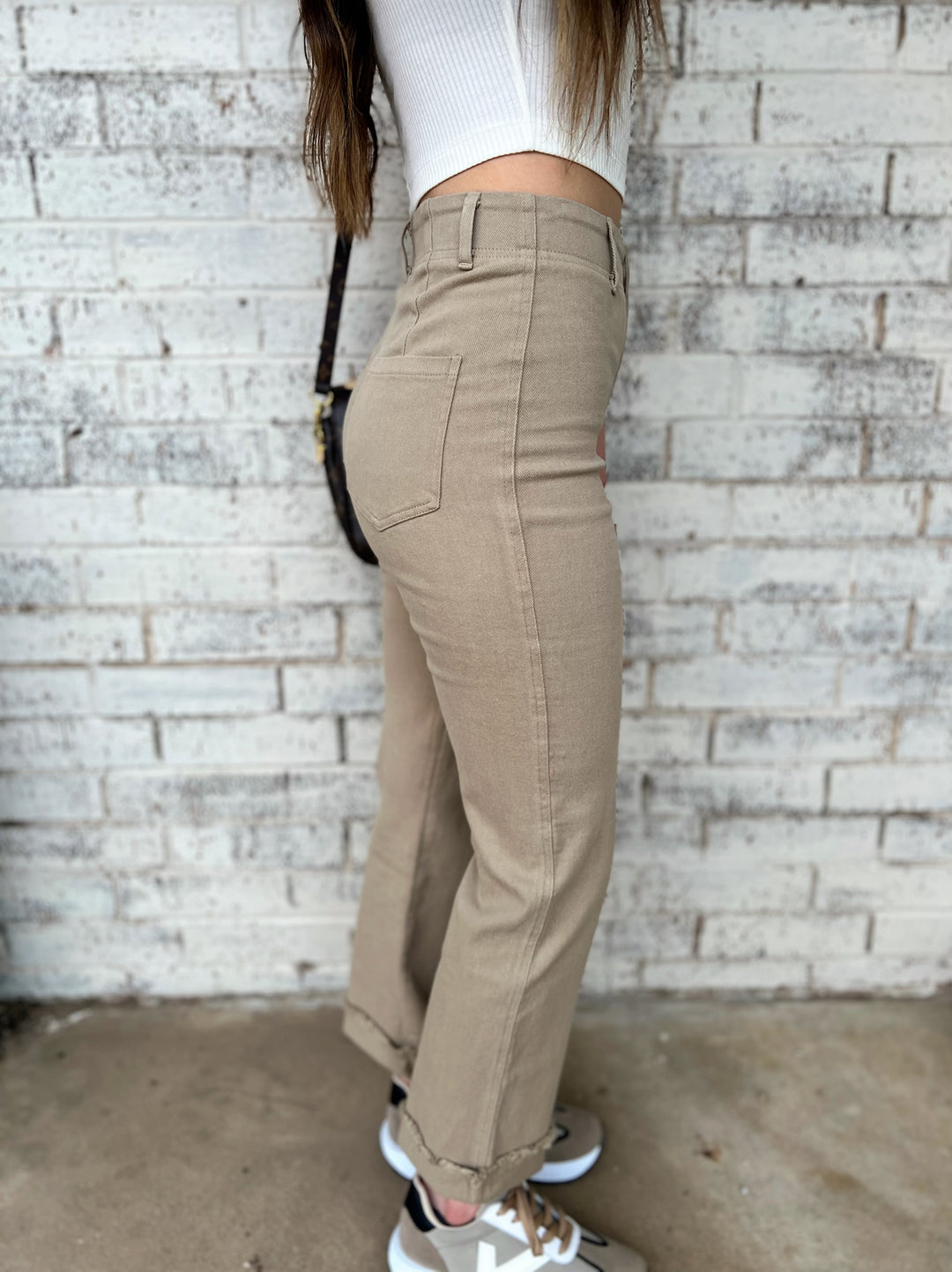 good reason high rise khaki trousers