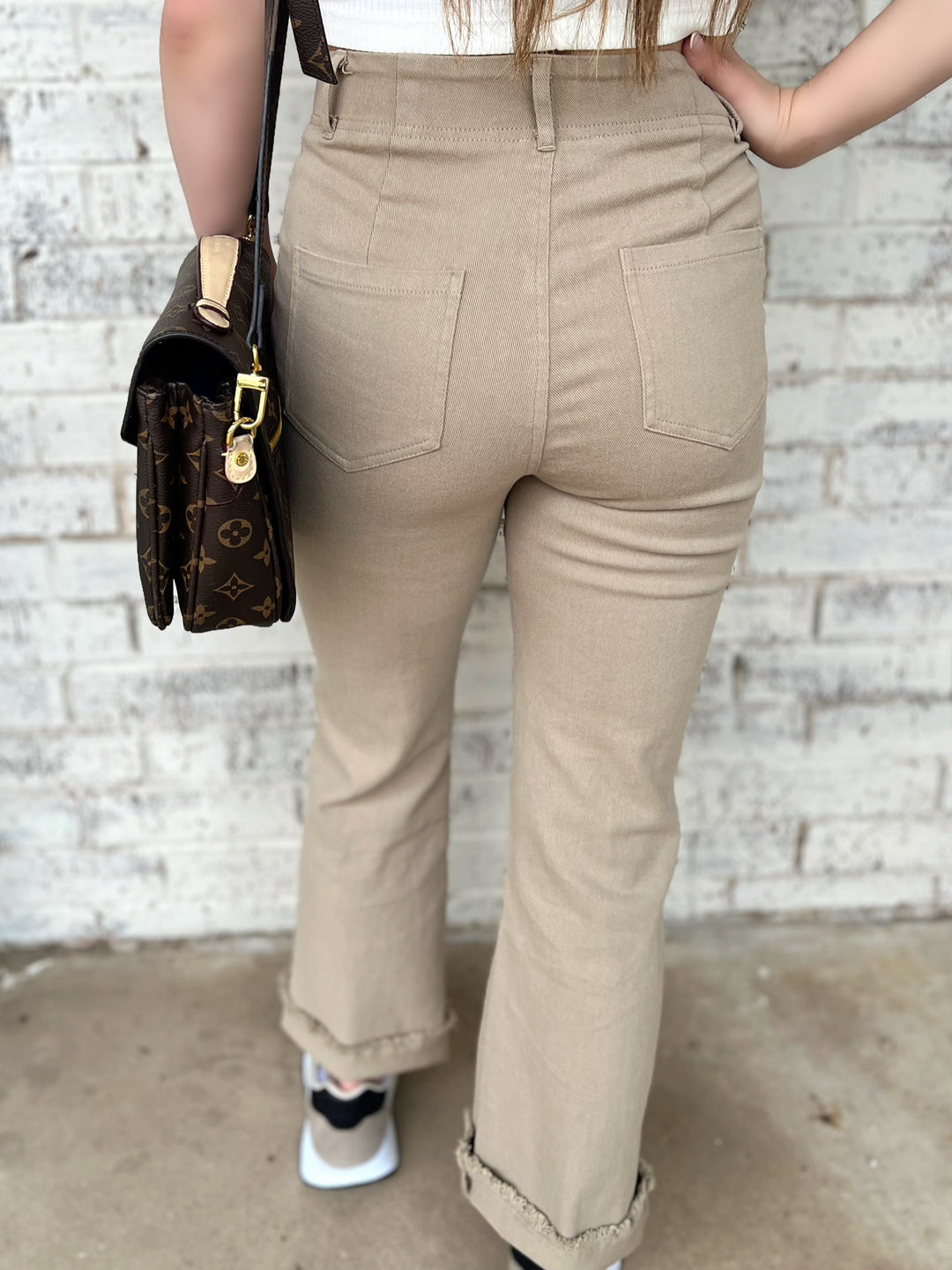 good reason high rise khaki trousers