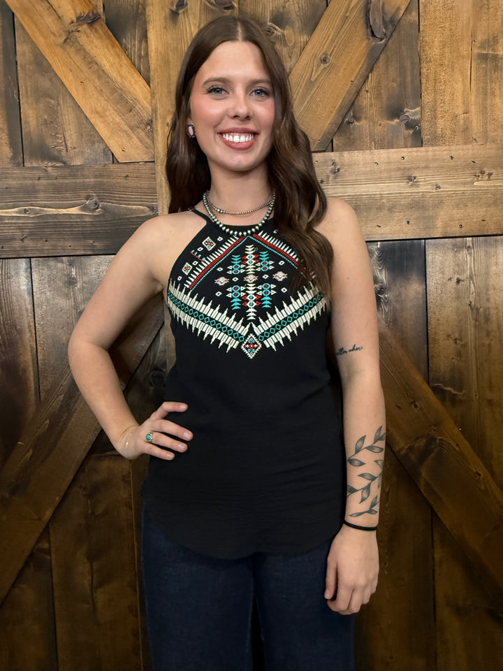 L&B Black Multi Aztec Embroidered Halter Top