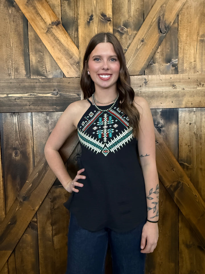 L&B Black Multi Aztec Embroidered Halter Top