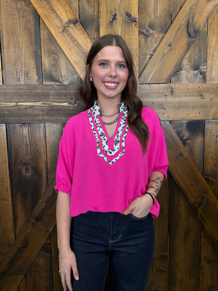 Western Leopard Print Trimmed Half Sleeve Top - 2 Colors
