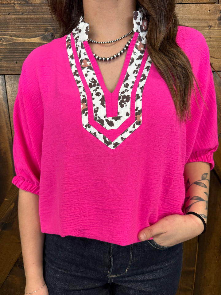 Western Leopard Print Trimmed Half Sleeve Top - 2 Colors