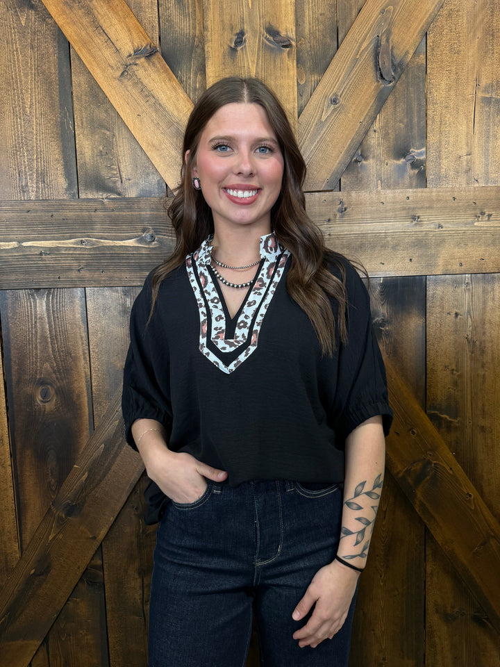Western Leopard Print Trimmed Half Sleeve Top - 2 Colors