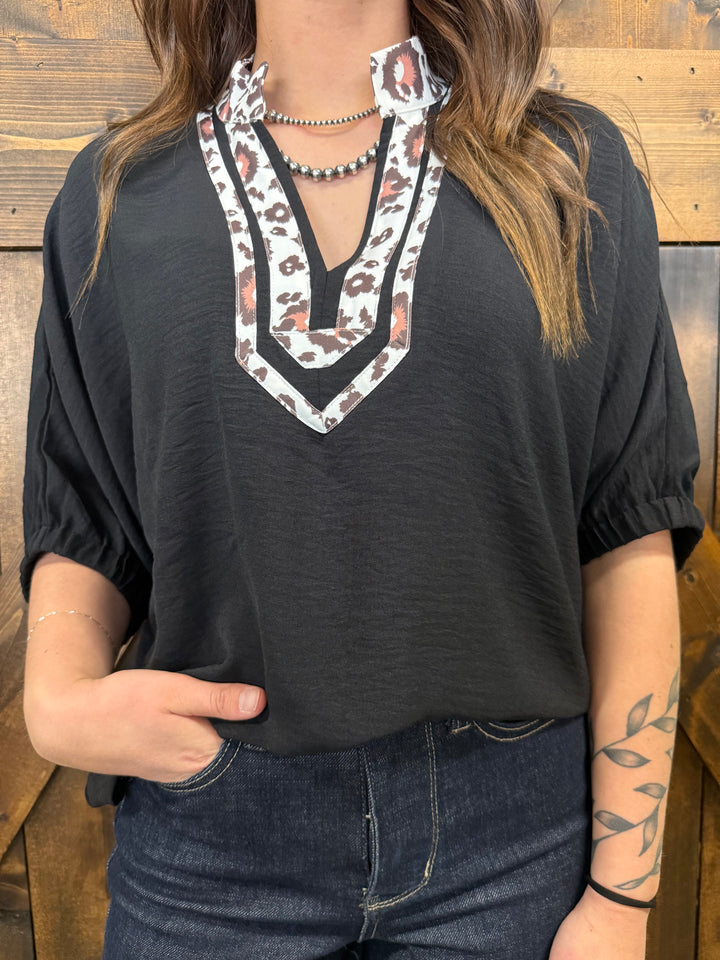 Western Leopard Print Trimmed Half Sleeve Top - 2 Colors