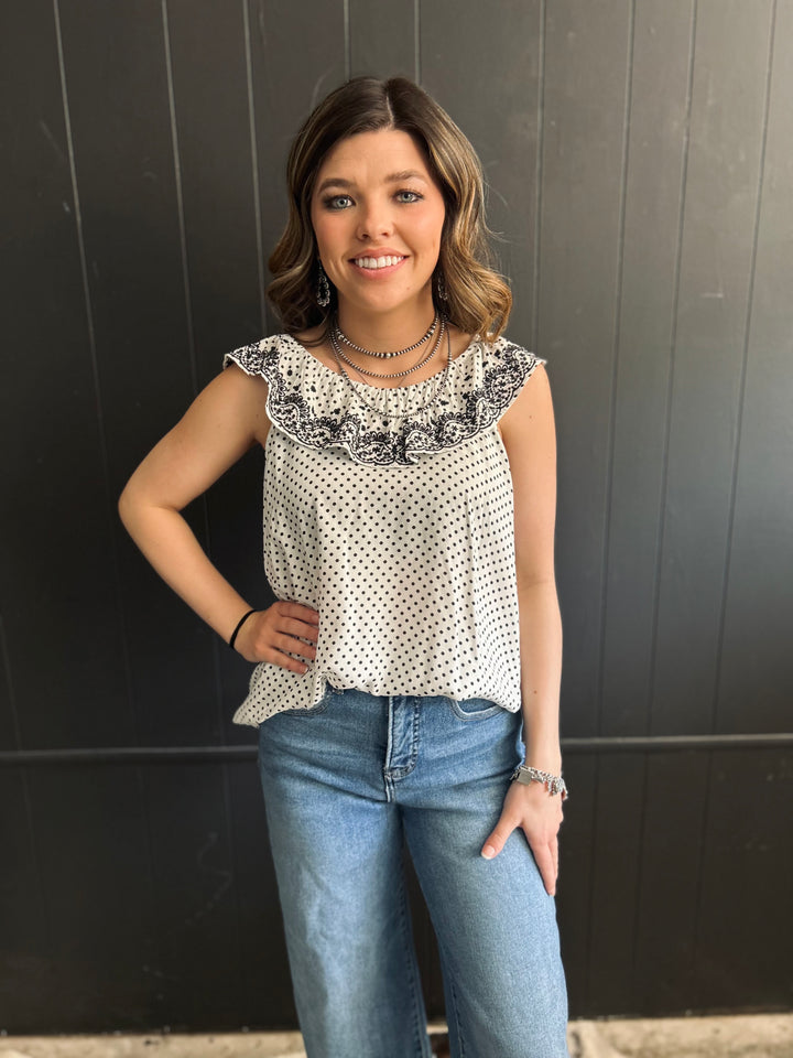 Ivory & Black Dot Embroidered Floral Ruffle Top*