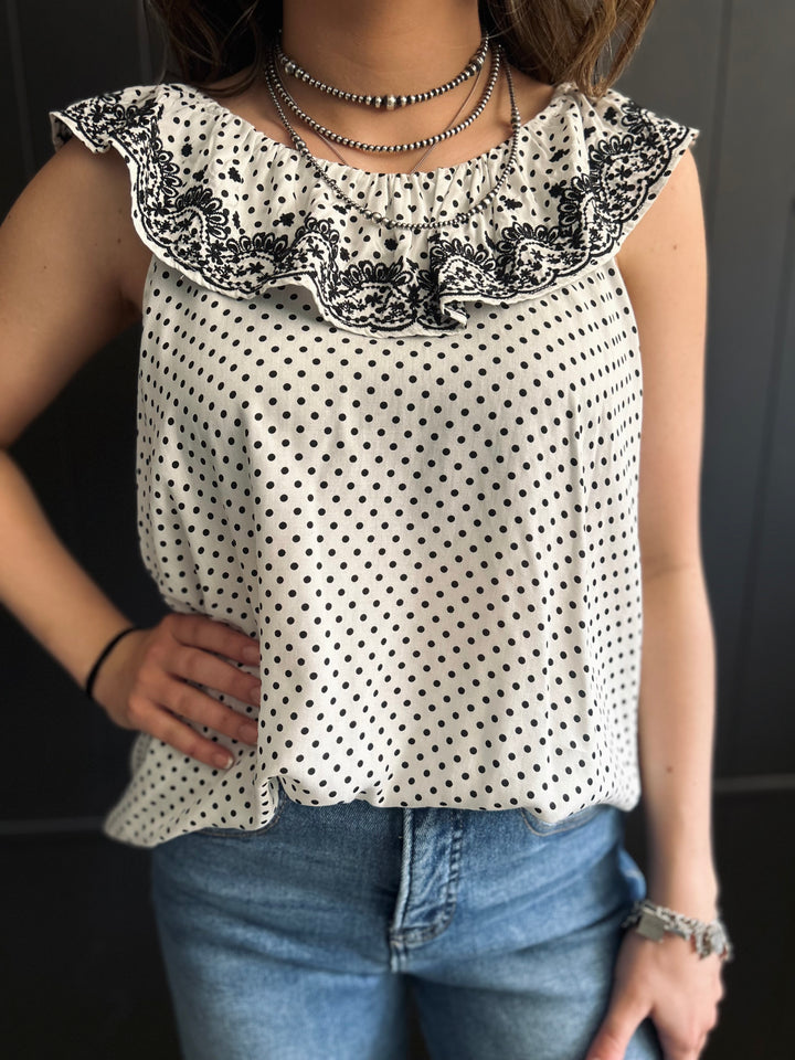 Ivory & Black Dot Embroidered Floral Ruffle Top*