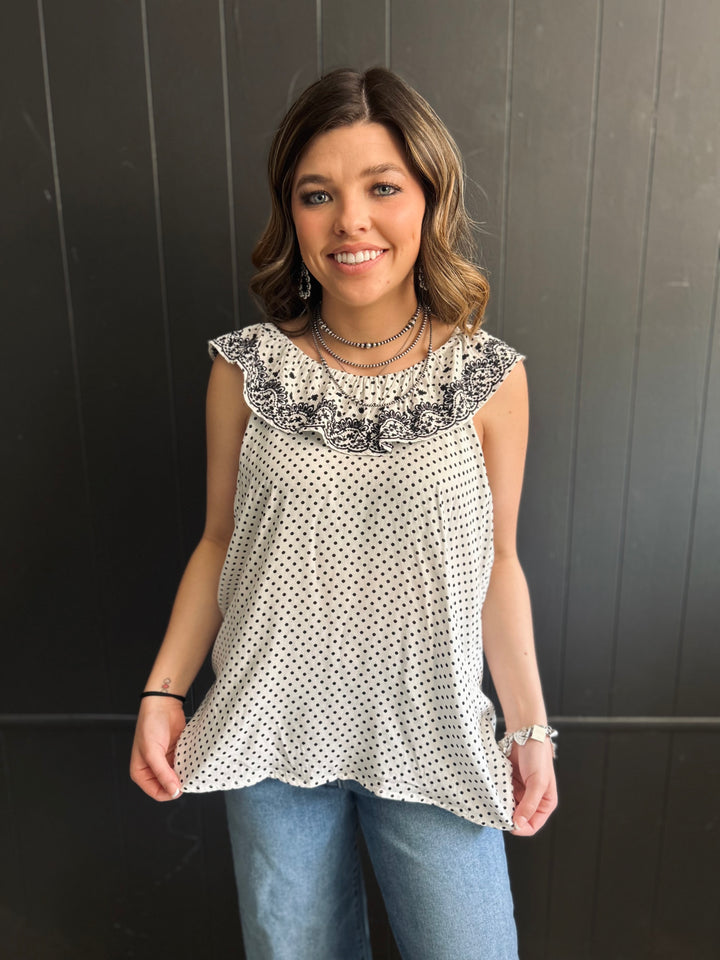 Ivory & Black Dot Embroidered Floral Ruffle Top*