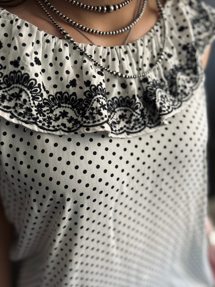 Ivory & Black Dot Embroidered Floral Ruffle Top*