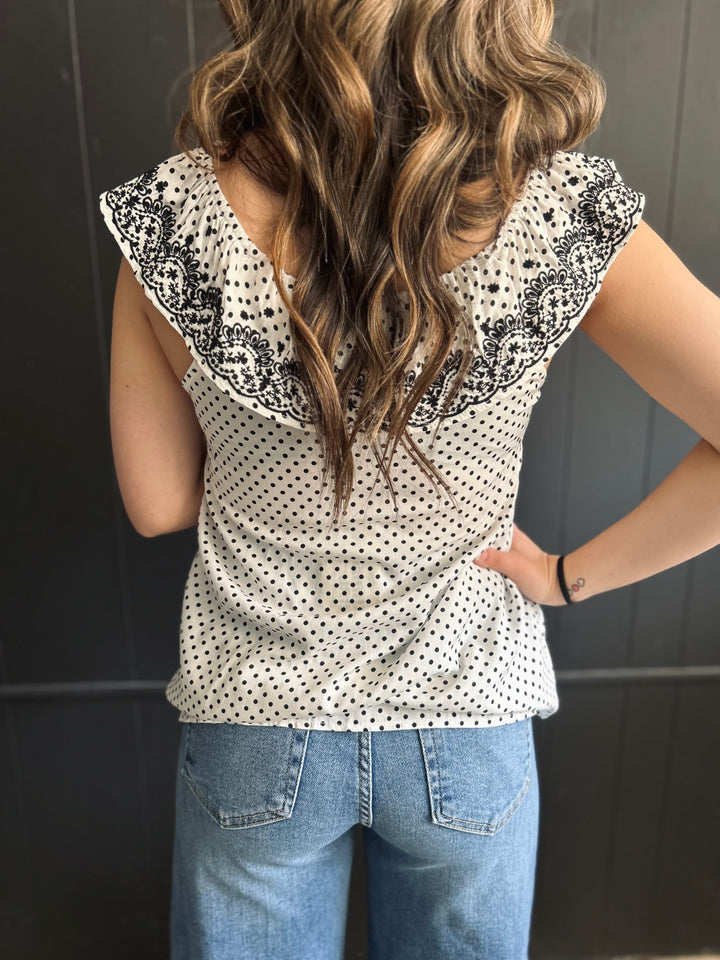 Ivory & Black Dot Embroidered Floral Ruffle Top*
