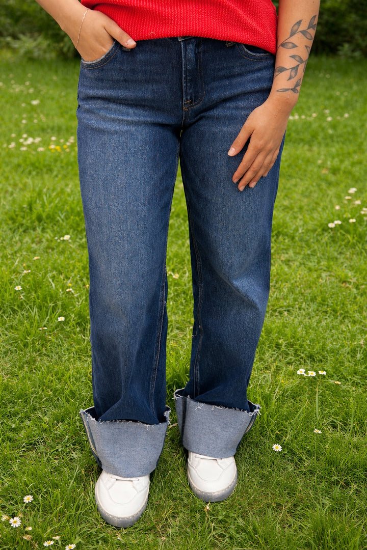 Risen Mid Rise Straight Wide Cuff Jeans