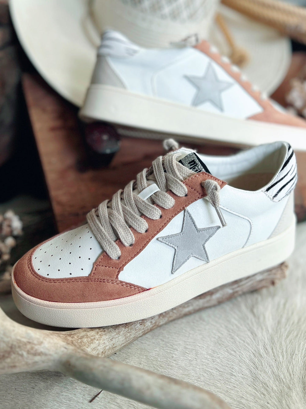 Juniper Taupe Stripe Star Sneakers | gussieduponline