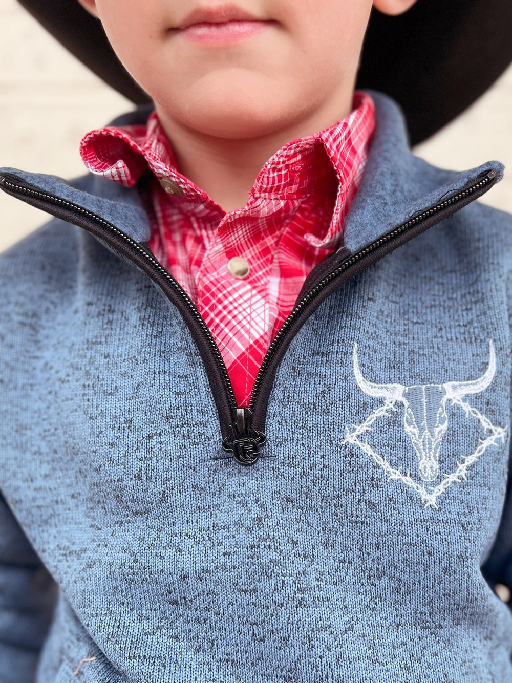 Kids Cowboy Hardware Blue Quarter Zip Pullover | gussieduponline