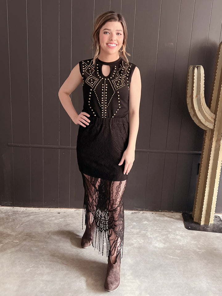 L&B Black Lace Lined Long Skirt With Frayed Hem*