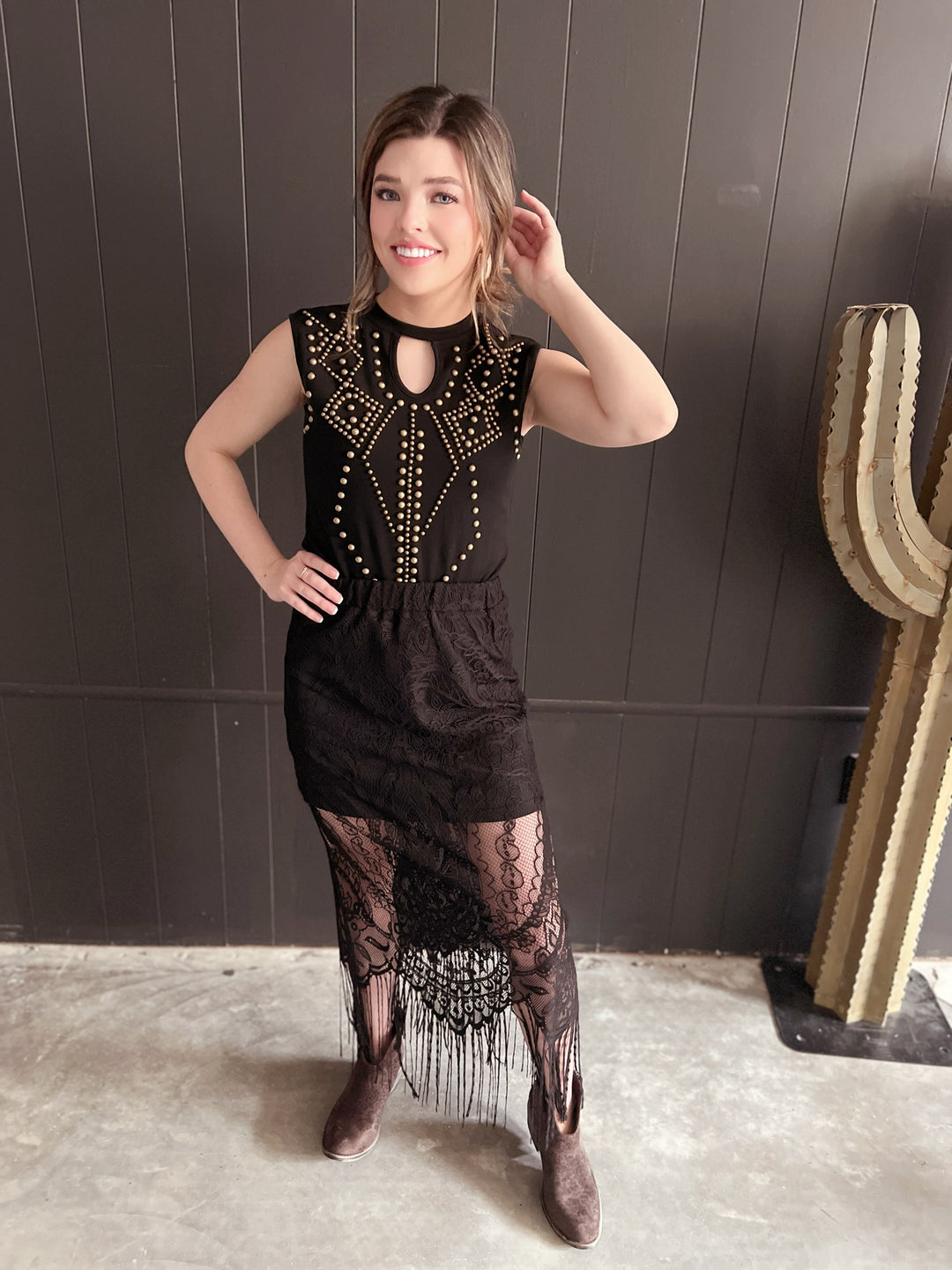 L&B Black Lace Lined Long Skirt With Frayed Hem*