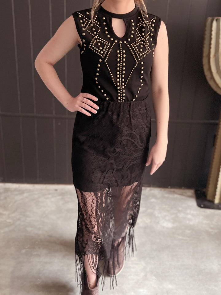 L&B Black Lace Lined Long Skirt With Frayed Hem*