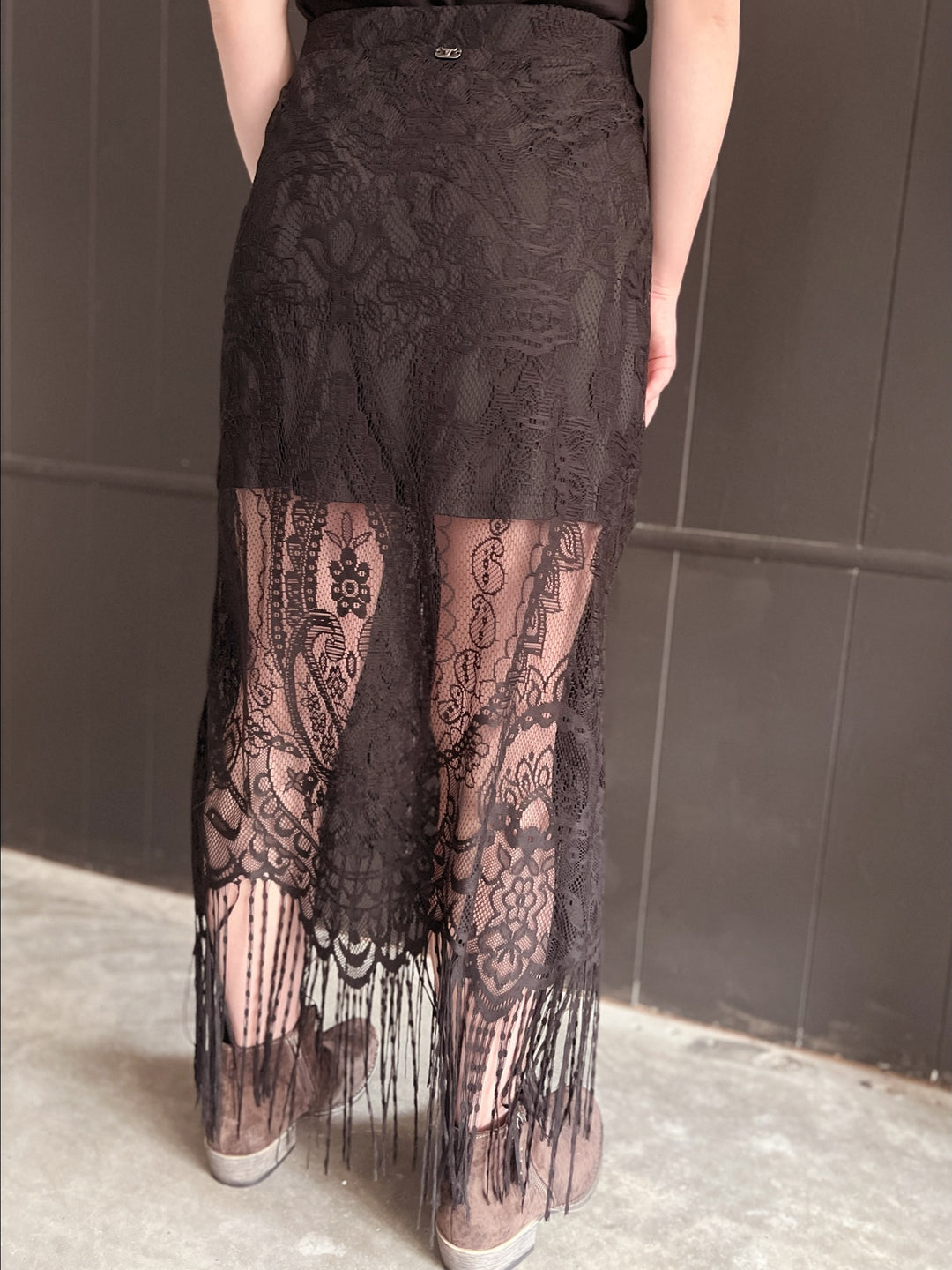 L&B Black Lace Lined Long Skirt With Frayed Hem*