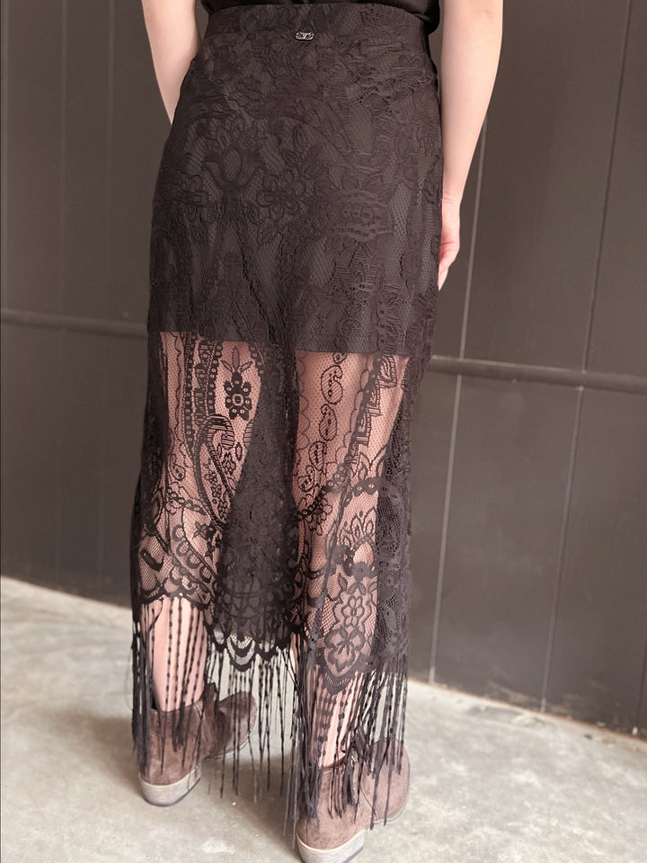 L&B Black Lace Lined Long Skirt With Frayed Hem*