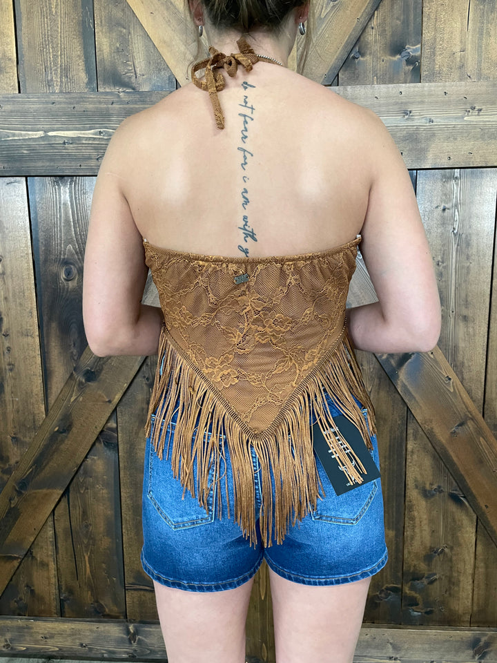 L&B Lace Fringe Hem Halter Top