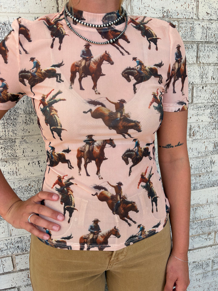L&B Peach Horse Short Sleeve Mesh Top