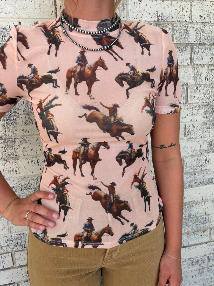 L&B Peach Horse Short Sleeve Mesh Top