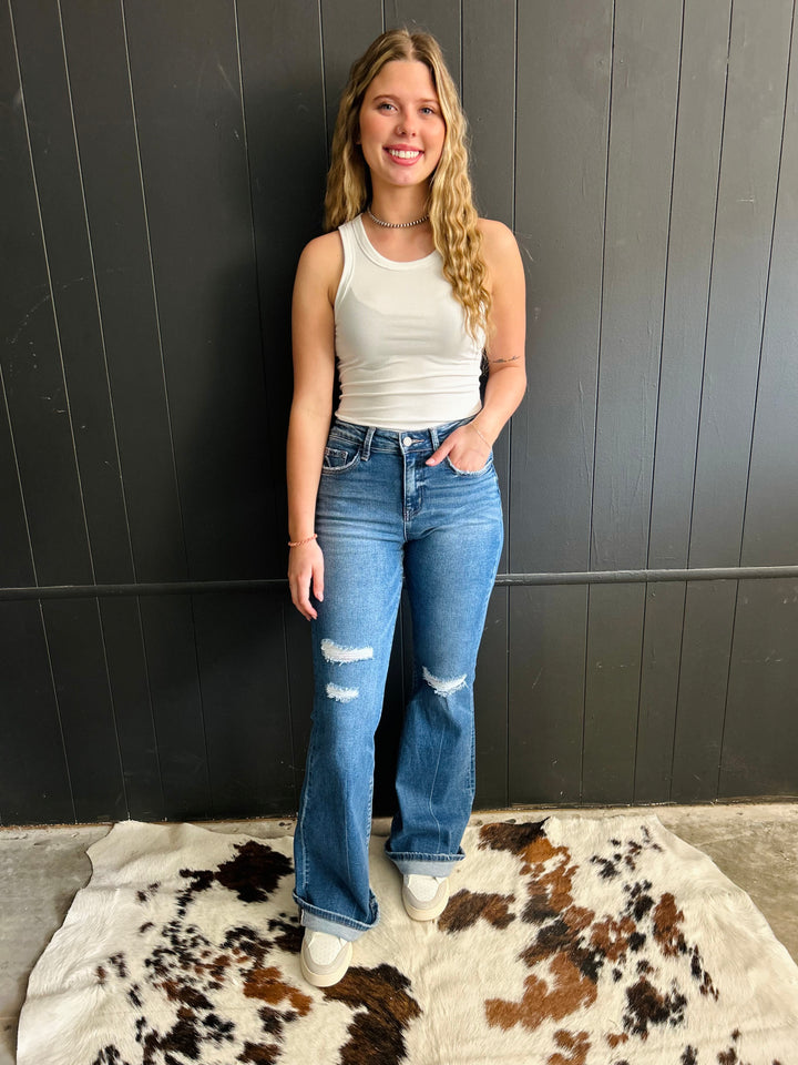 Mid Rise Classic Flare Distressed Jeans*