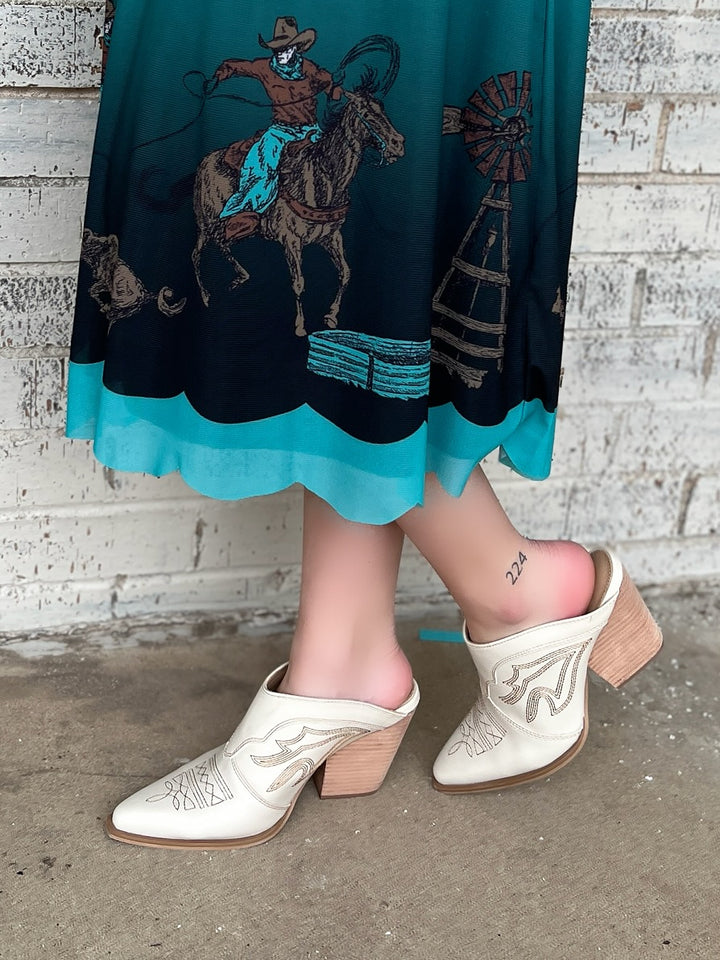 Miim Bree Ivory Western Style Boot Stitch Mule