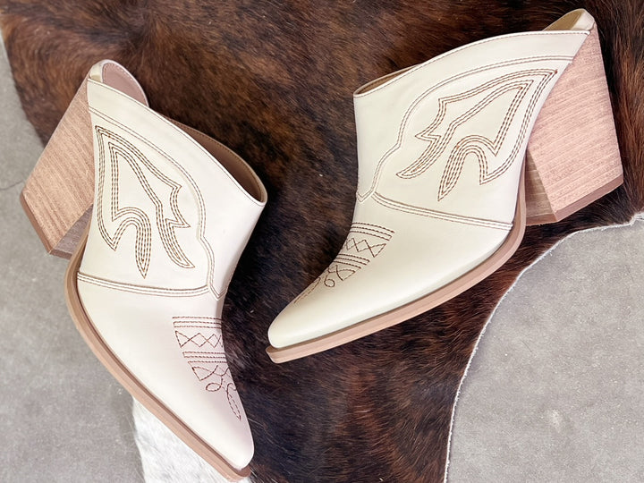 Miim Bree Ivory Western Style Boot Stitch Mule