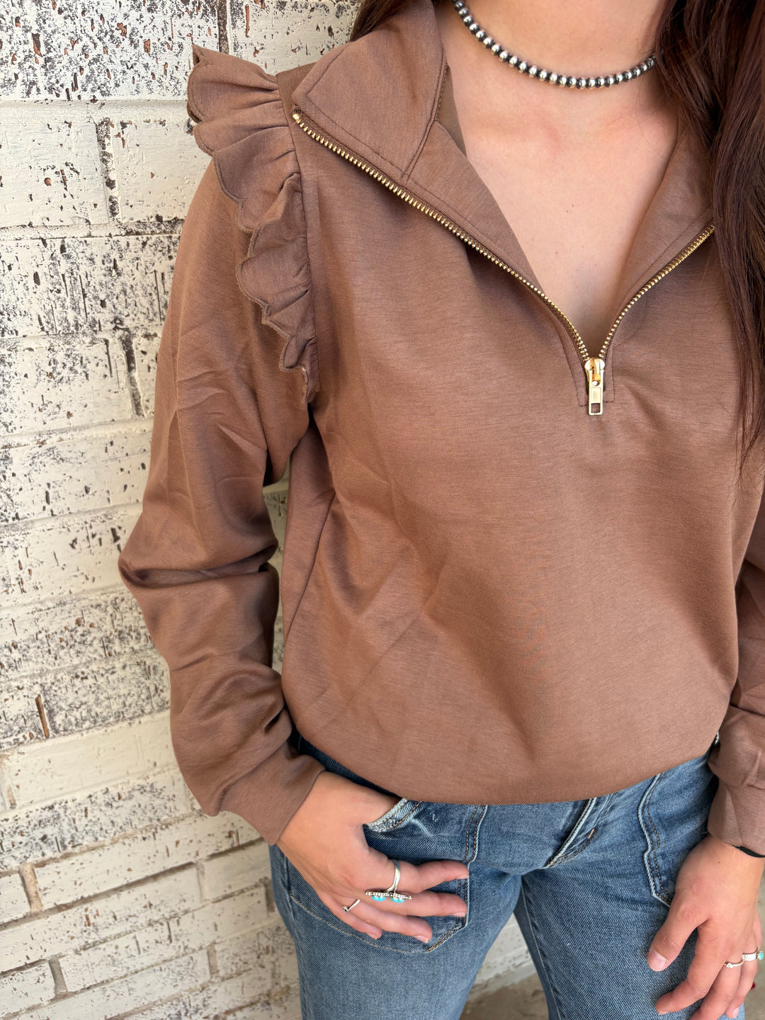 Mocha Ruffle Sleeve Pullover