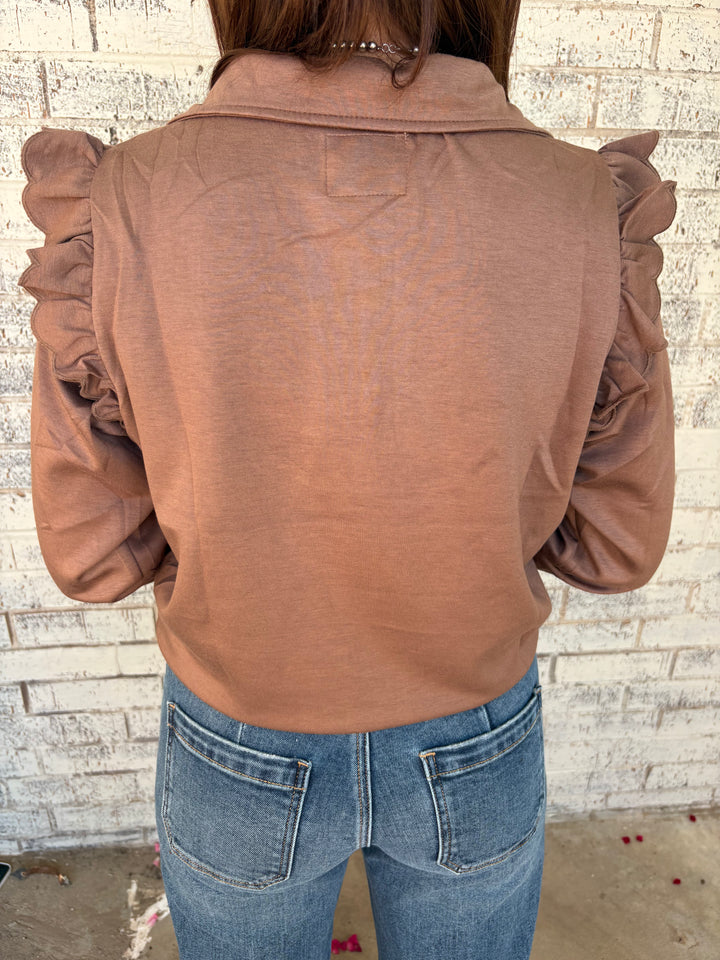 Mocha Ruffle Sleeve Pullover