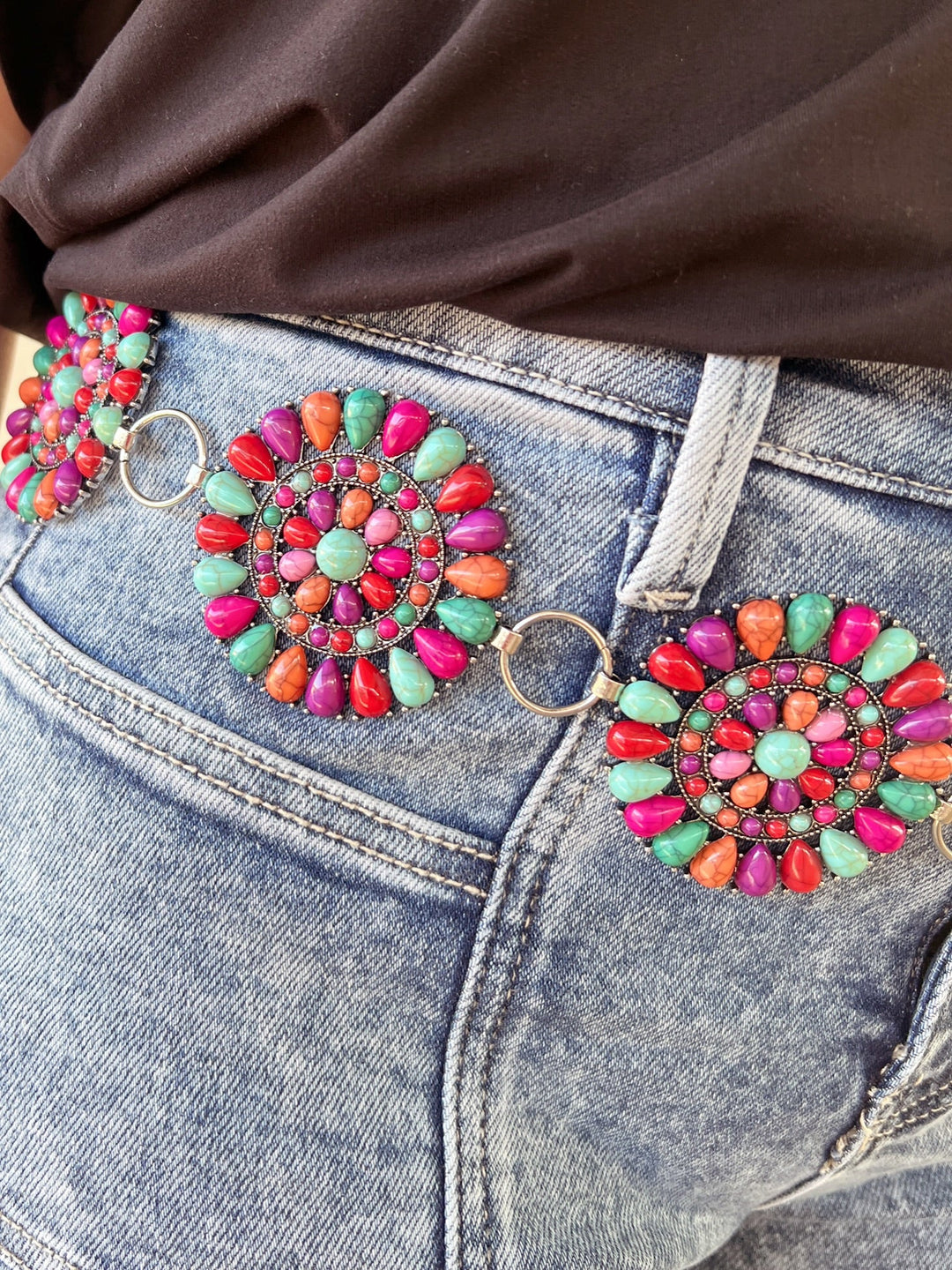 Multi Colored Stone Concho Chain Link Belt | gussieduponline