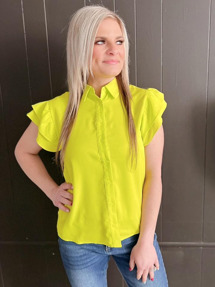 Neon Yellow Flutter Sleeve Button Up Top*