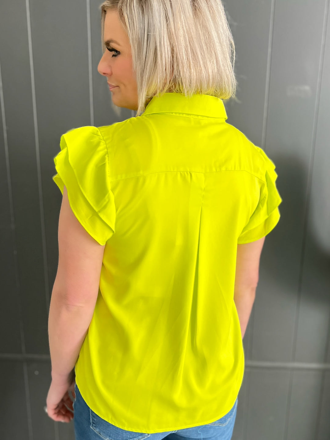 Neon Yellow Flutter Sleeve Button Up Top*