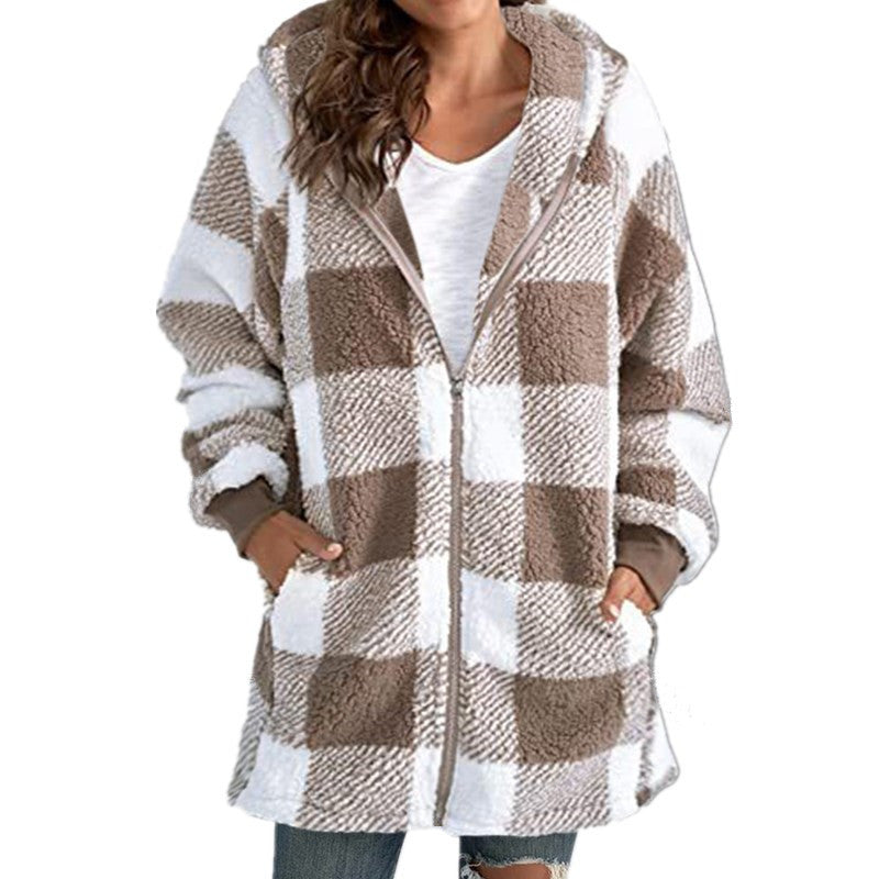 Arabella - Plaid Fleece Long Sleeve Hooded Coat