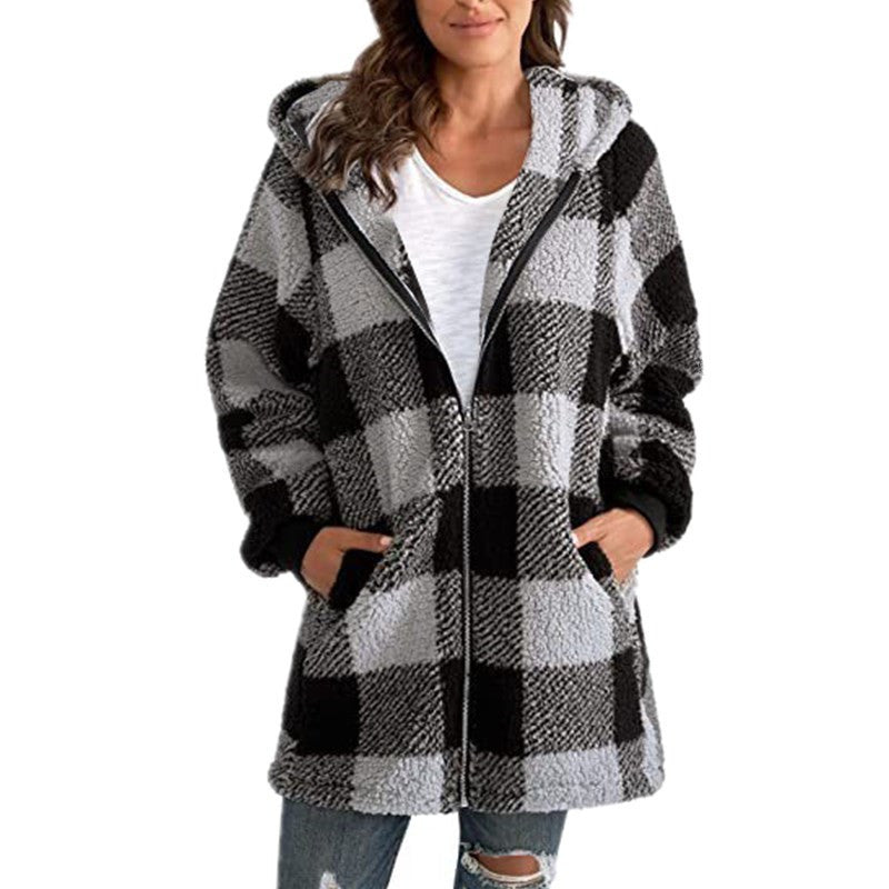 Arabella - Plaid Fleece Long Sleeve Hooded Coat
