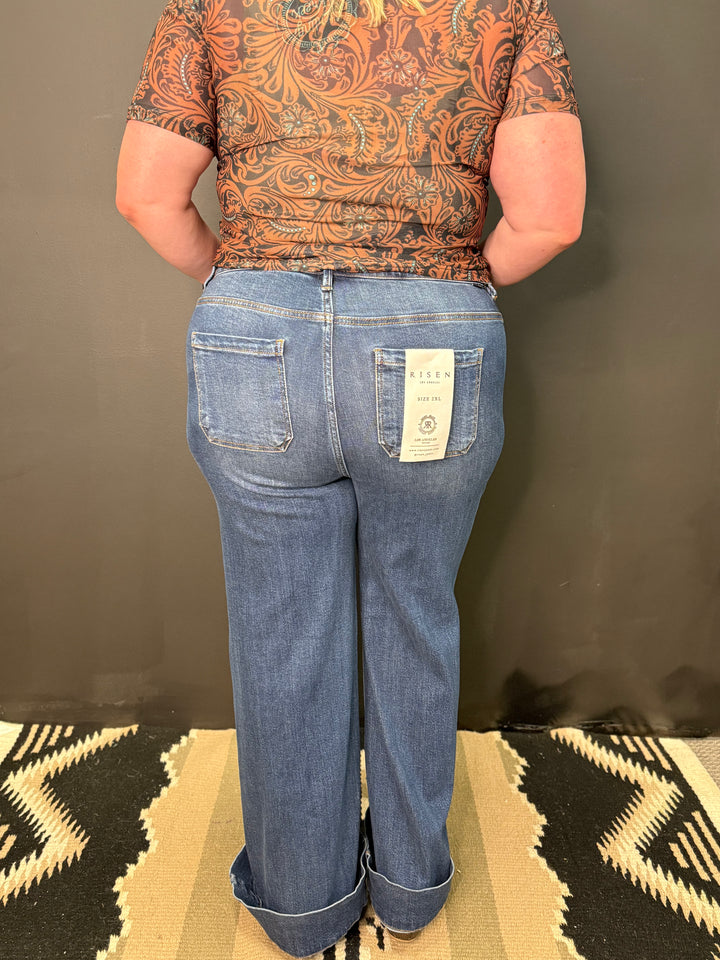 PLUS High Rise Wide Flare Patch Pocket Jeans