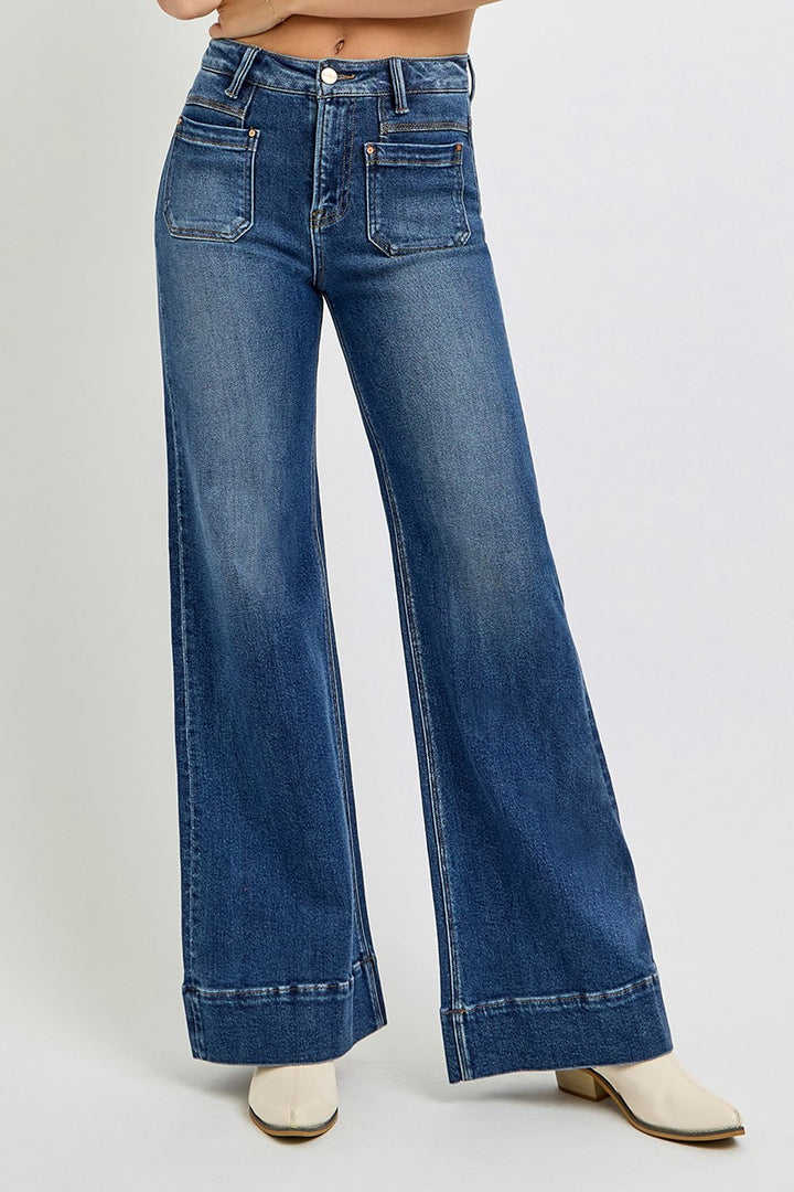 PLUS High Rise Wide Flare Patch Pocket Jeans