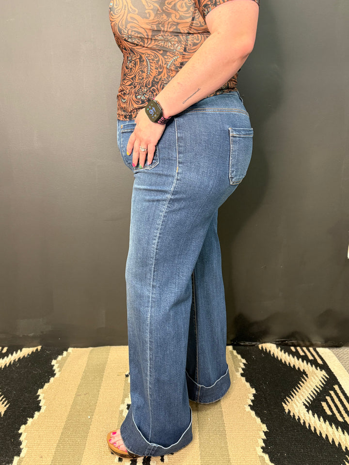 PLUS High Rise Wide Flare Patch Pocket Jeans