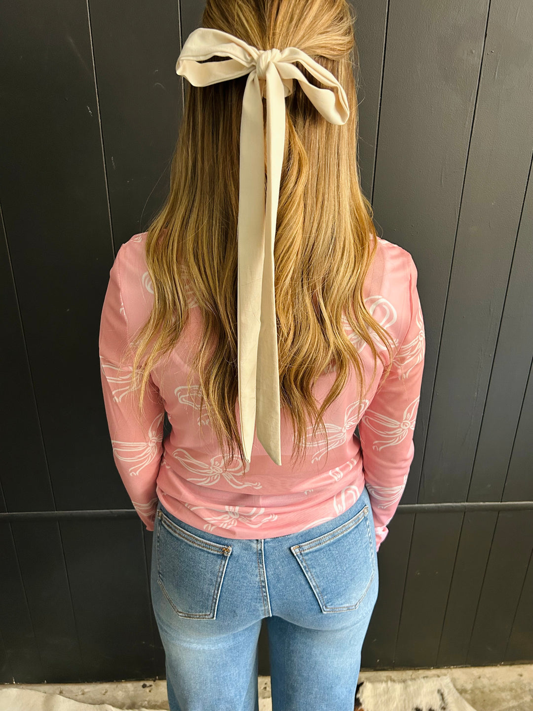 Pink Bow Round Neck Mesh Top*