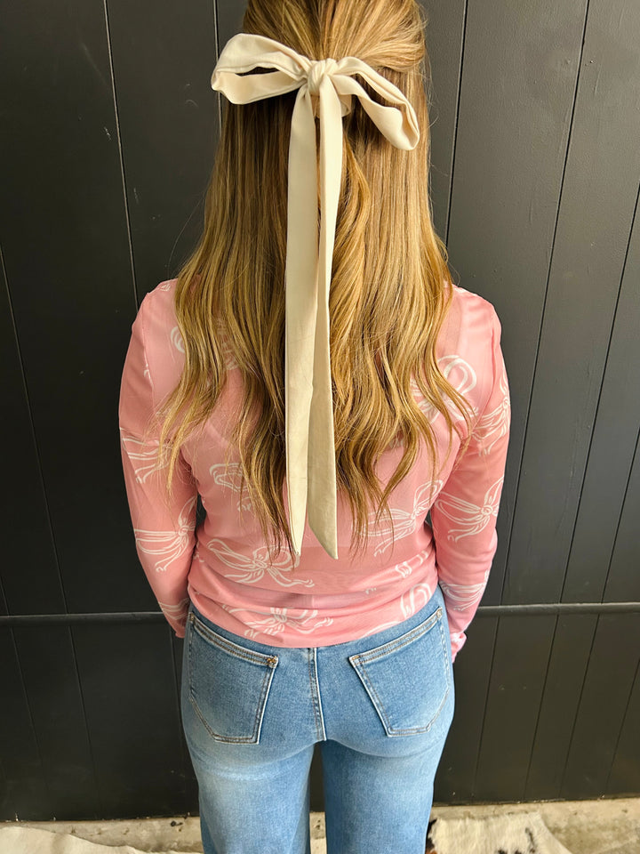 Pink Bow Round Neck Mesh Top*
