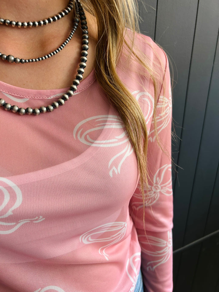 Pink Bow Round Neck Mesh Top*