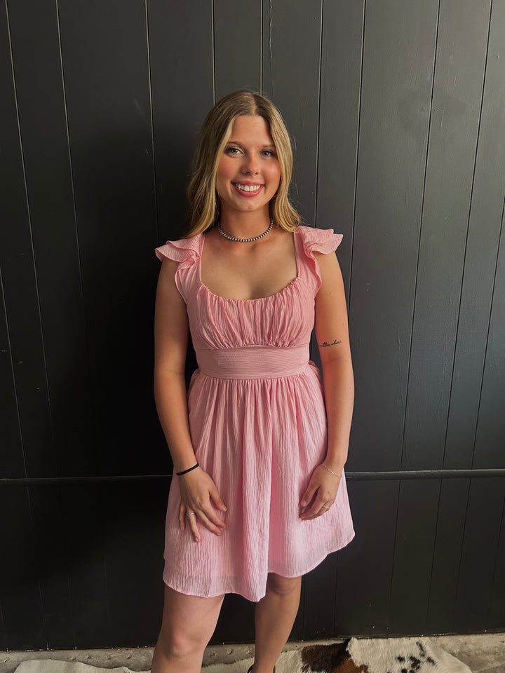 Pink Ruffled Sleeve Back Tie Mini Dress