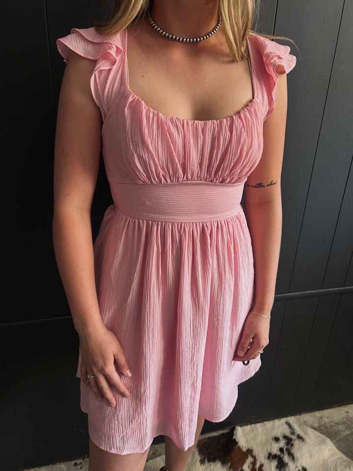Pink Ruffled Sleeve Back Tie Mini Dress