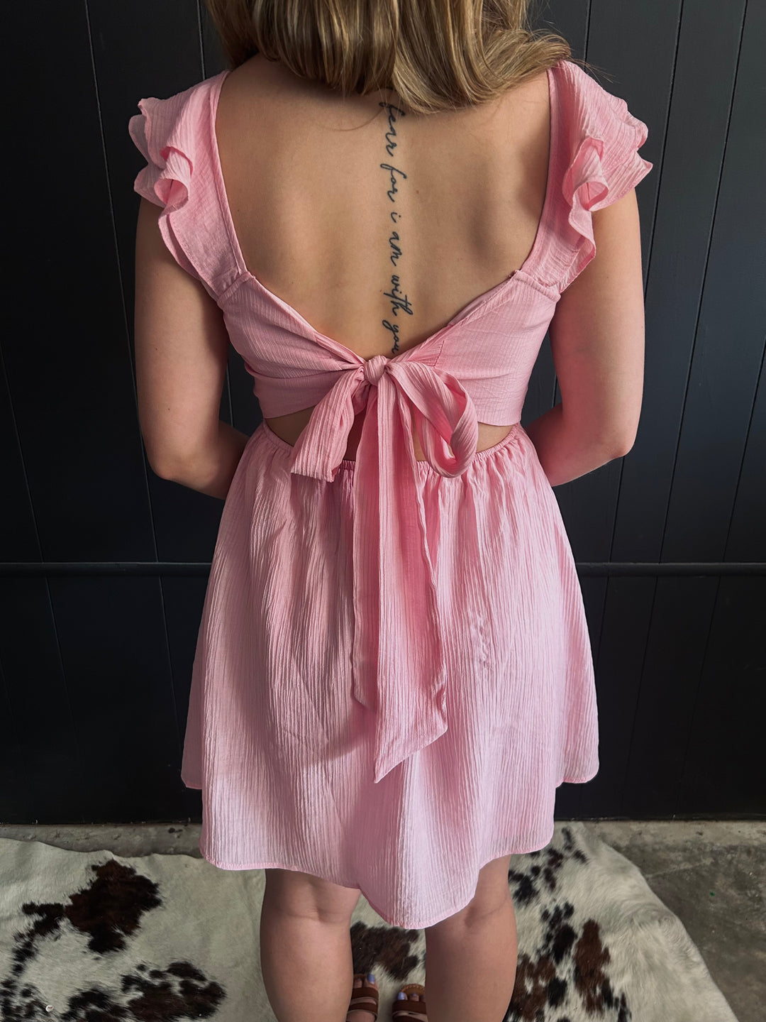 Pink Ruffled Sleeve Back Tie Mini Dress