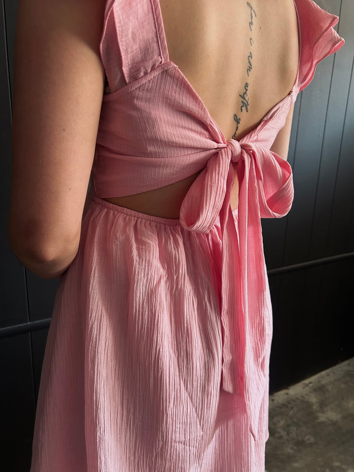 Pink Ruffled Sleeve Back Tie Mini Dress