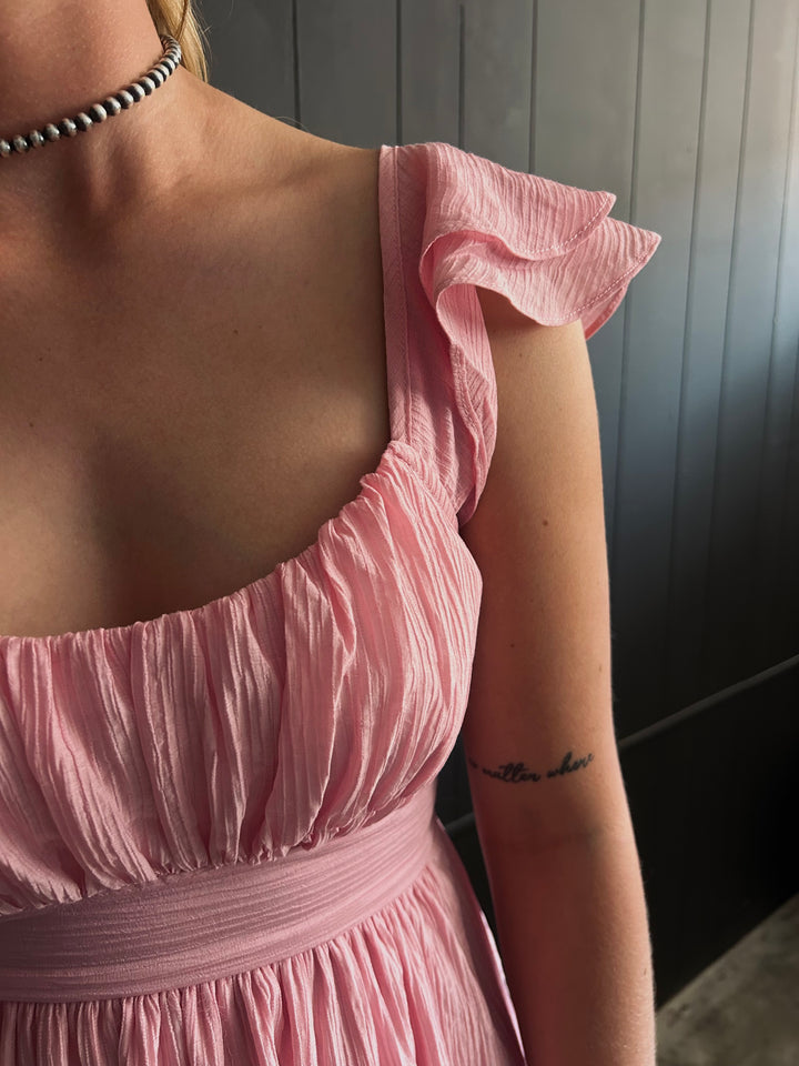 Pink Ruffled Sleeve Back Tie Mini Dress