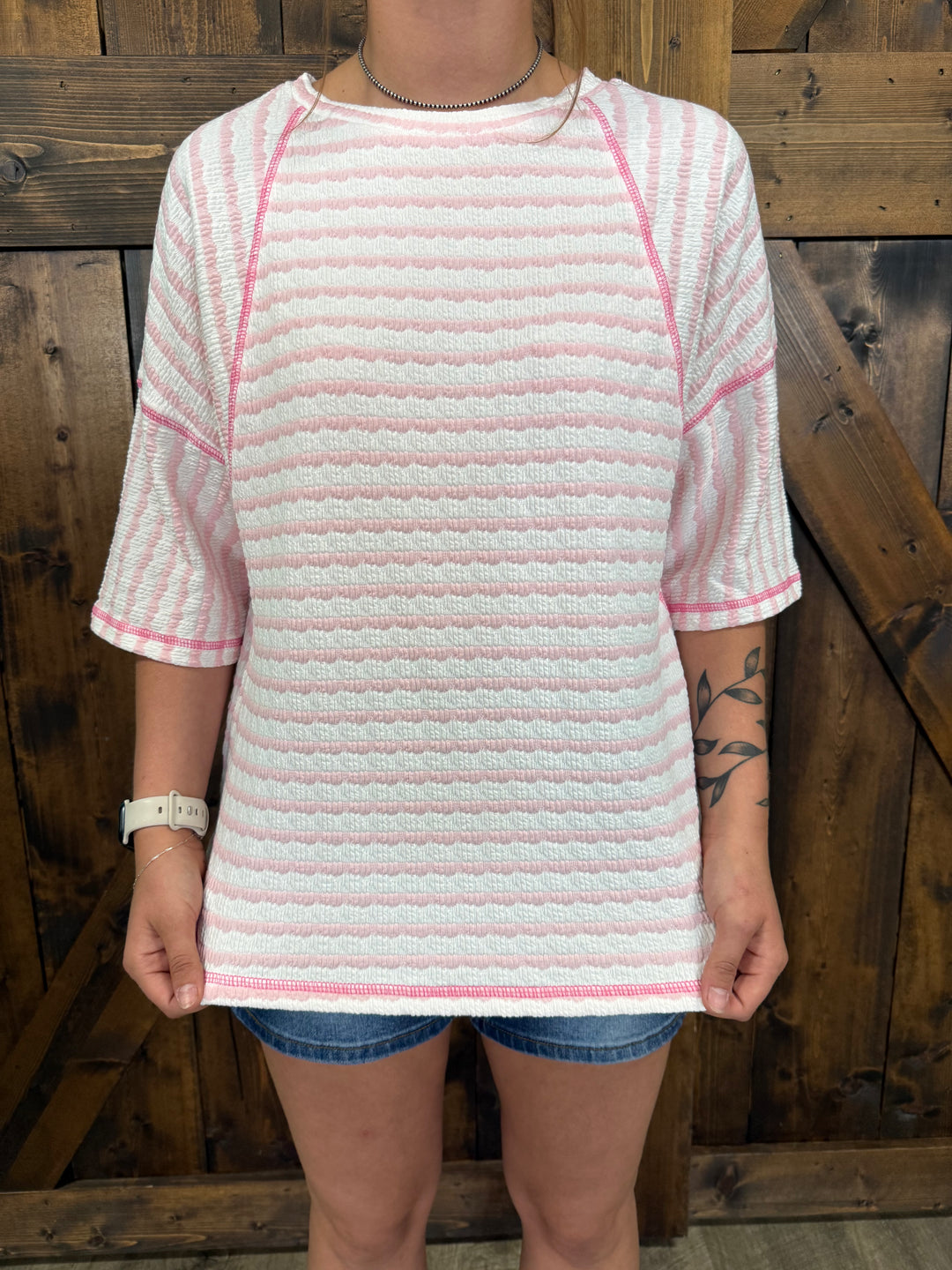Pink Stripe Knit Split Short Sleeve Top