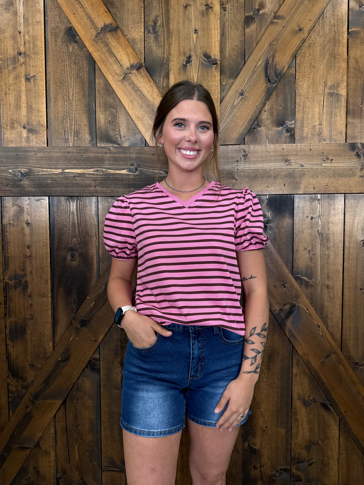 Pink & Brown Stripe Short Puff Sleeve Loose Tee