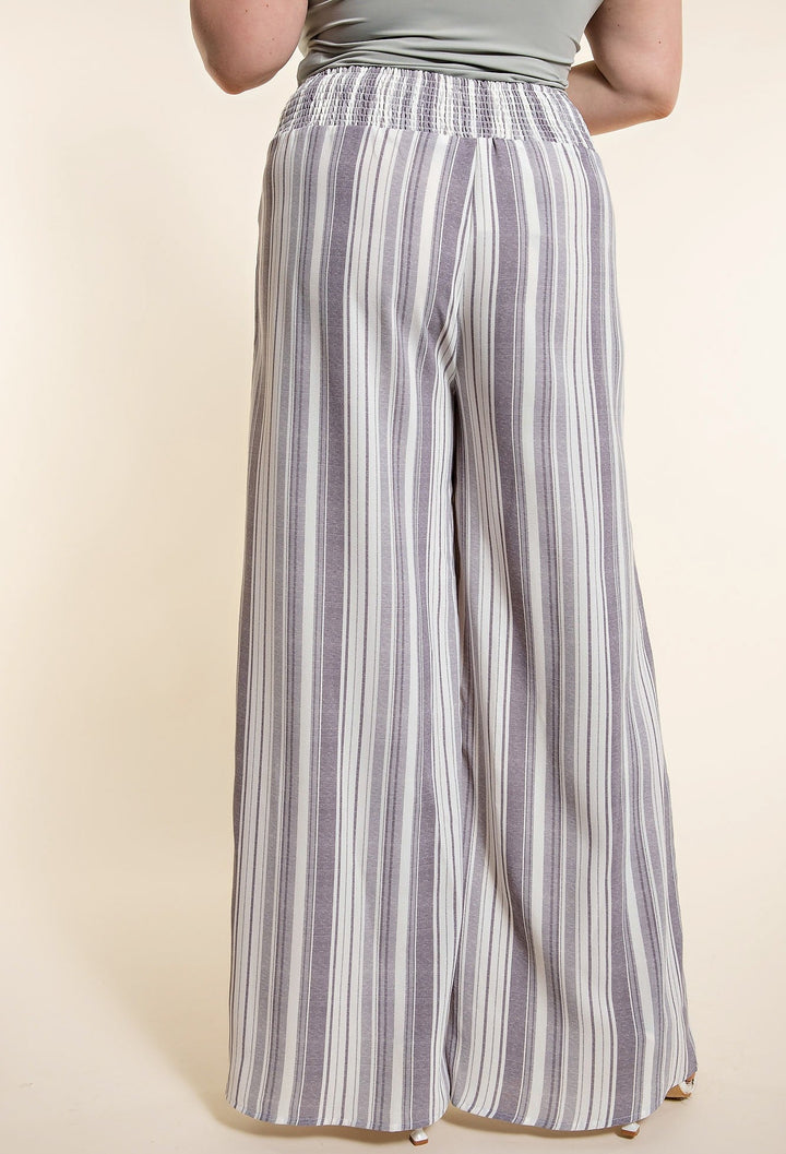 Plus Grey Stripe Smocked Pants | gussieduponline